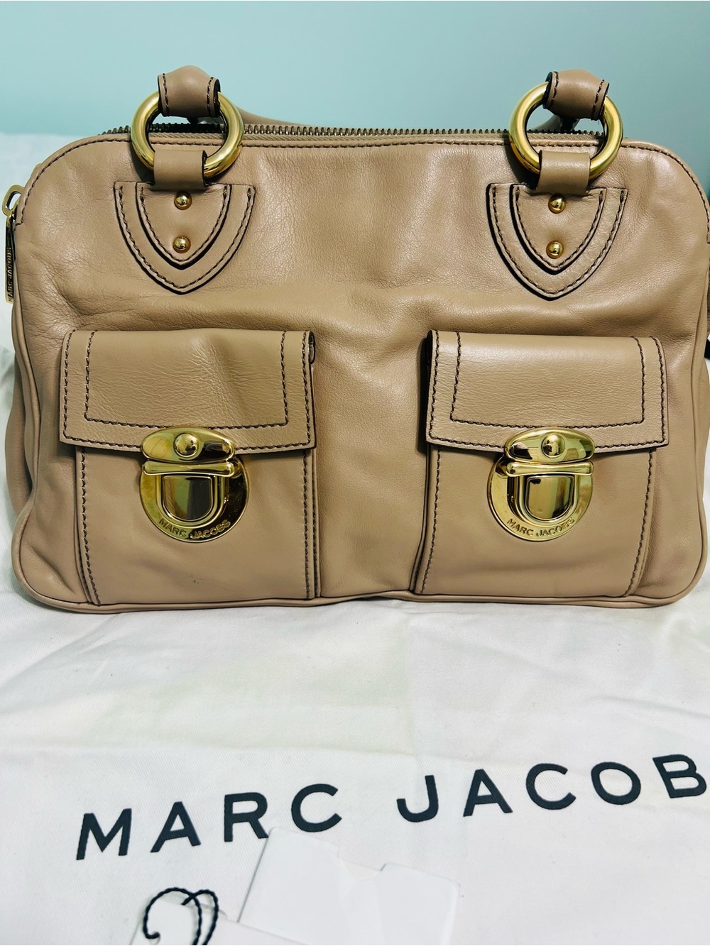 Marc Jacobs Beige Leather Double Pocket Shoulder Bag with Gold Hardware